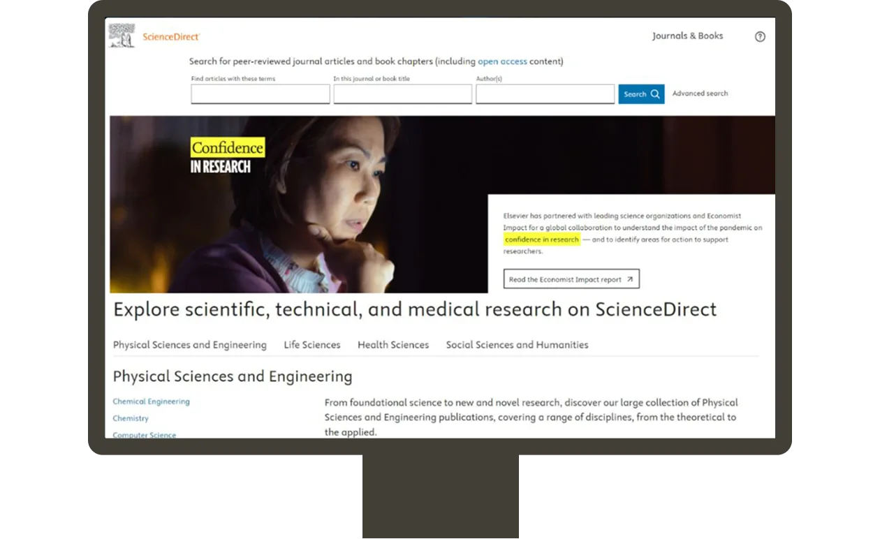 Product screenshot of ScienceDirect showing search options