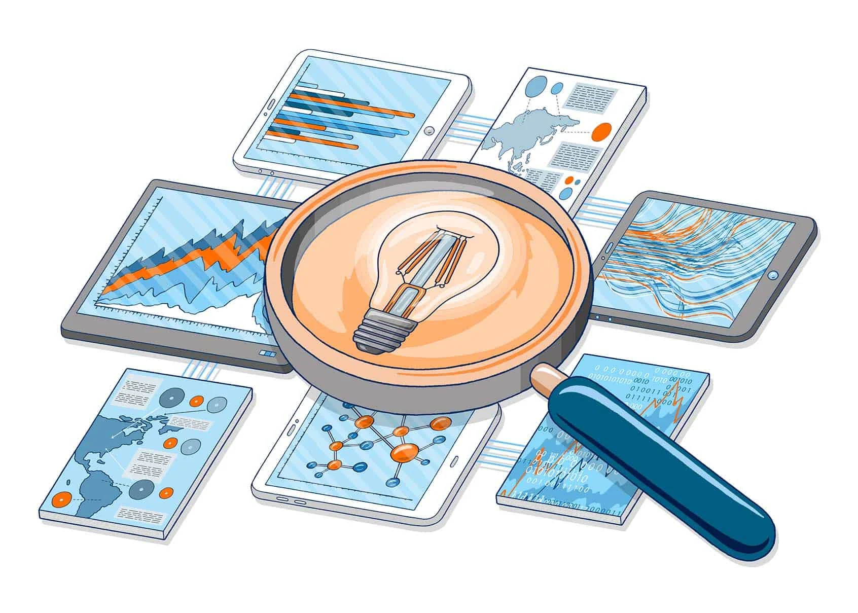 This is an editorial illustration. In the middle of it sits a big orange magnifying glass with a symbolic light bulb in the middle. Circling the magnifying glass are 7 dashboards with research metrics and charts.  