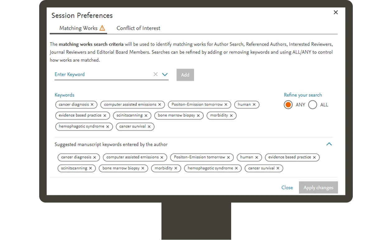 Screenshot of session preferences in Find Reviewers