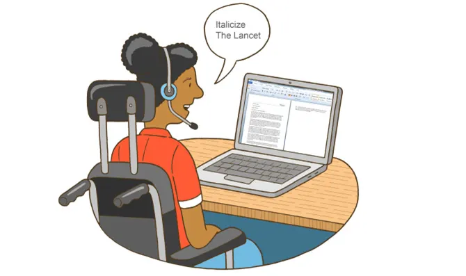 An illustration depicting a seated researcher using voice input to author a paper on a computer. The researcher is a female and has a speech bubble with a computer command: ‘Italicize The Lancet.’