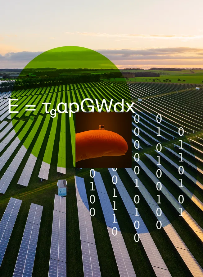A finger in the center of a venn diagram surrounded by a field of solar panels