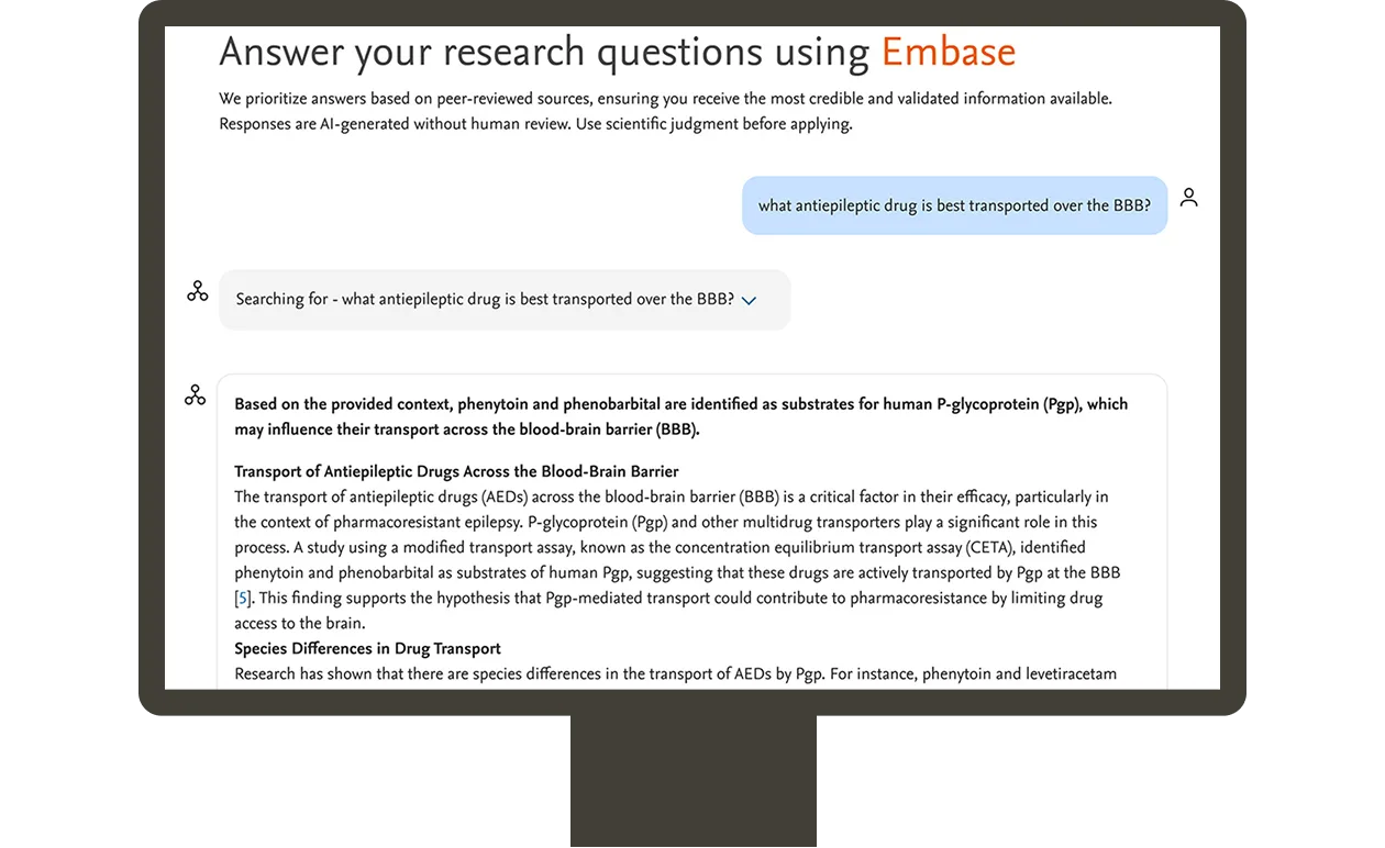 Screenshot showing answers to research questions in Embase