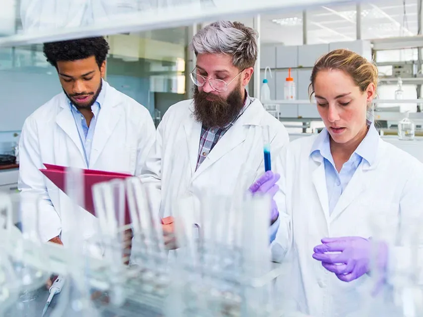 Stock photo of scientists looking at laptop screen