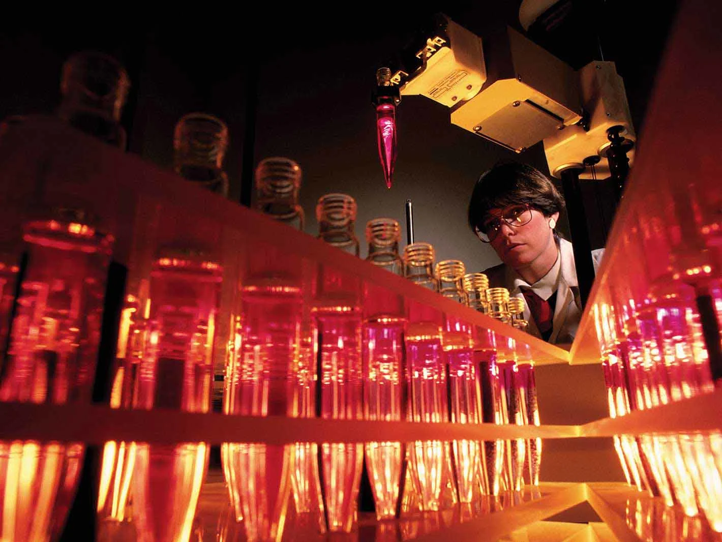 researcher looks over test tubes