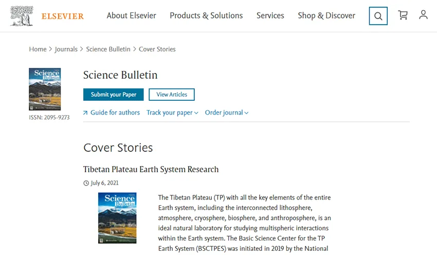Screenshot of Science Bulletin cover stories
