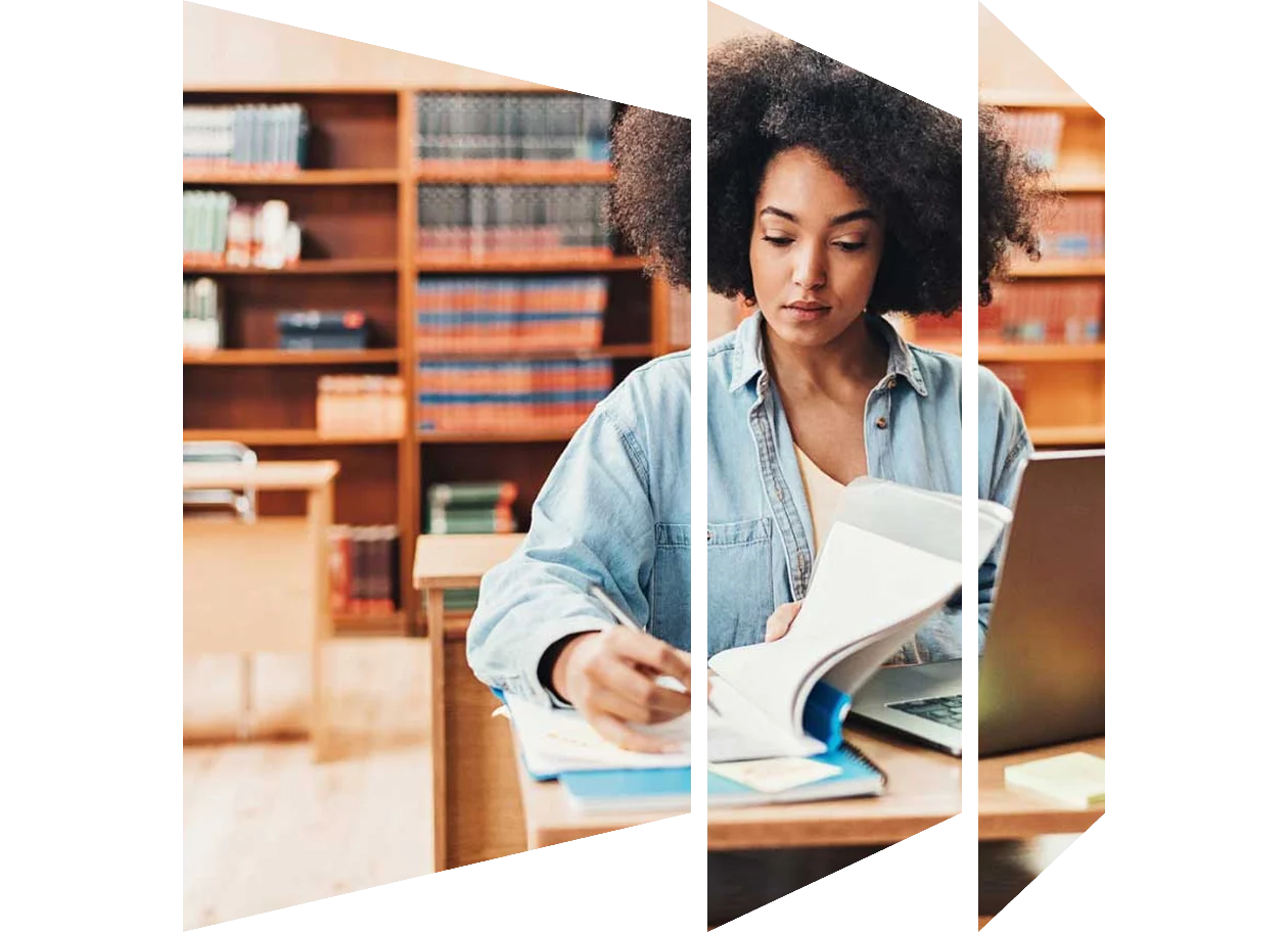 Female student working in a public library