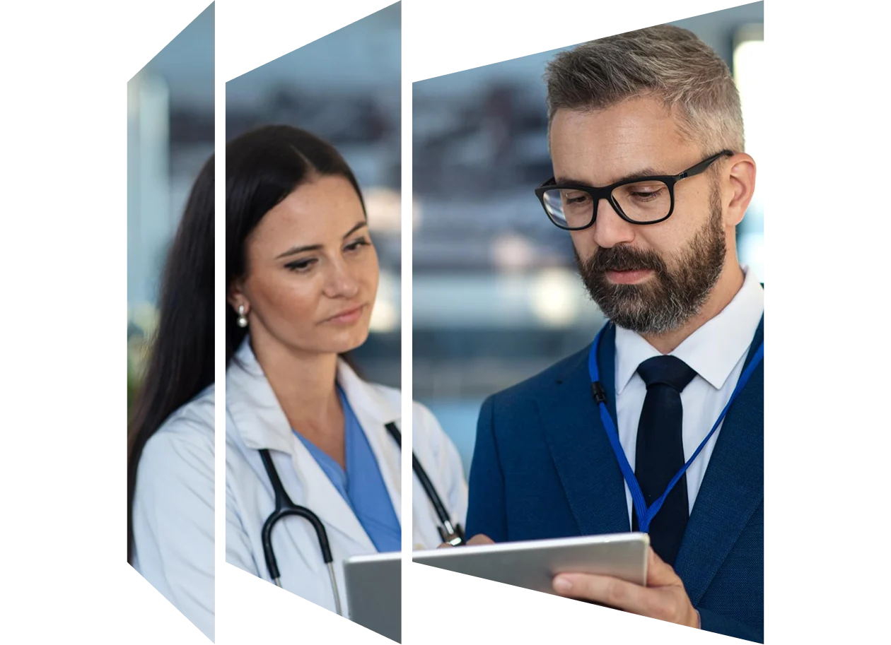 Businessman showing something in digital tablet to doctor.