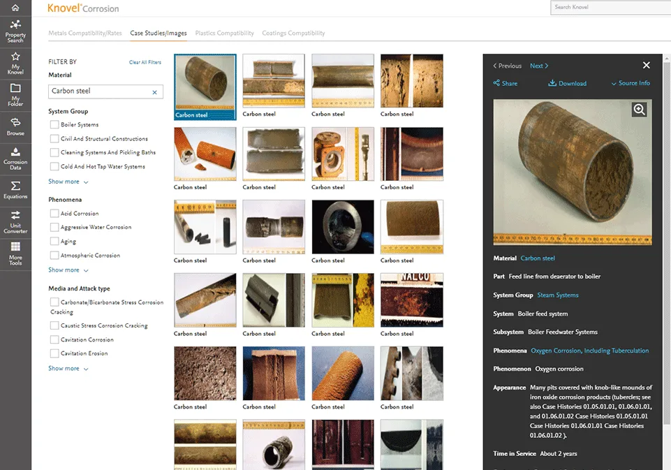 Screenshot of Knovel corrosion tools case studies