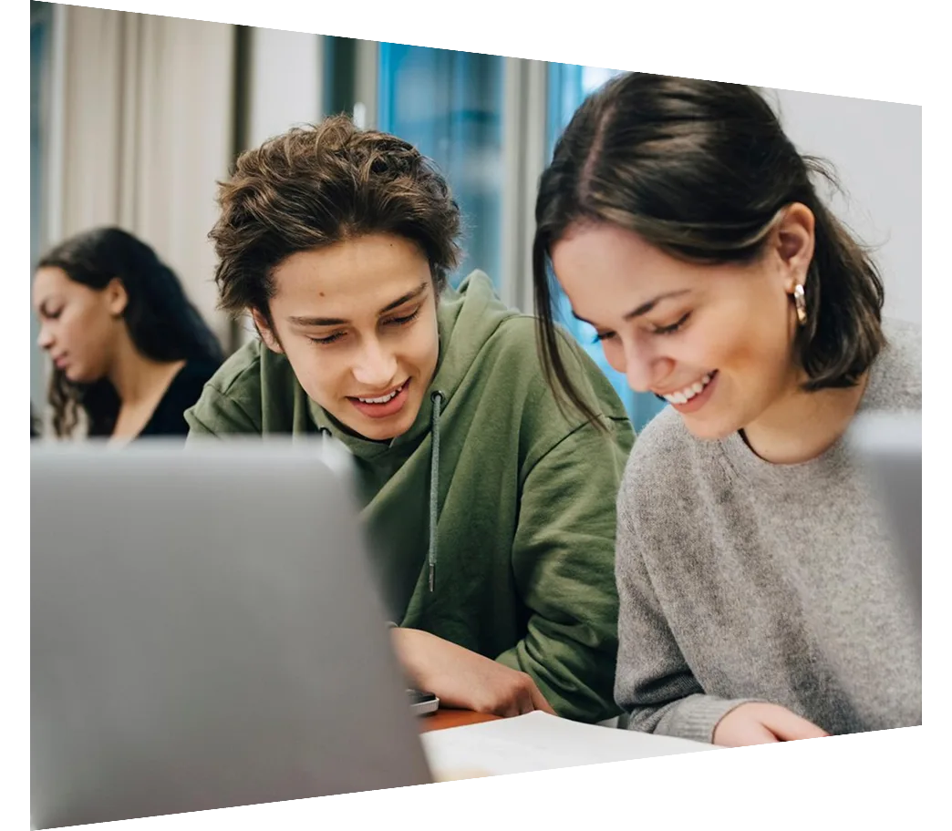 Smiling teenage students studying at desk in school