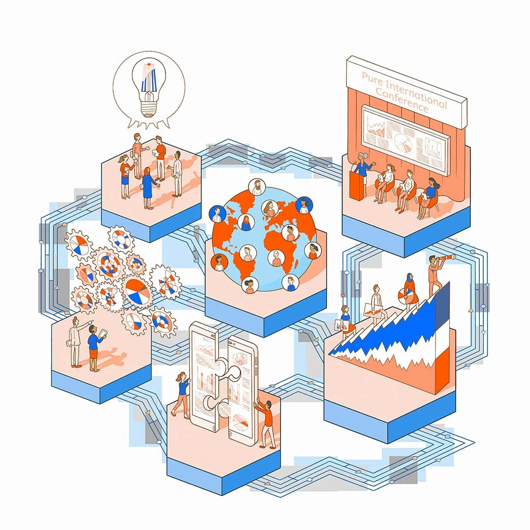 Various illustrations of metrics and people collaborating