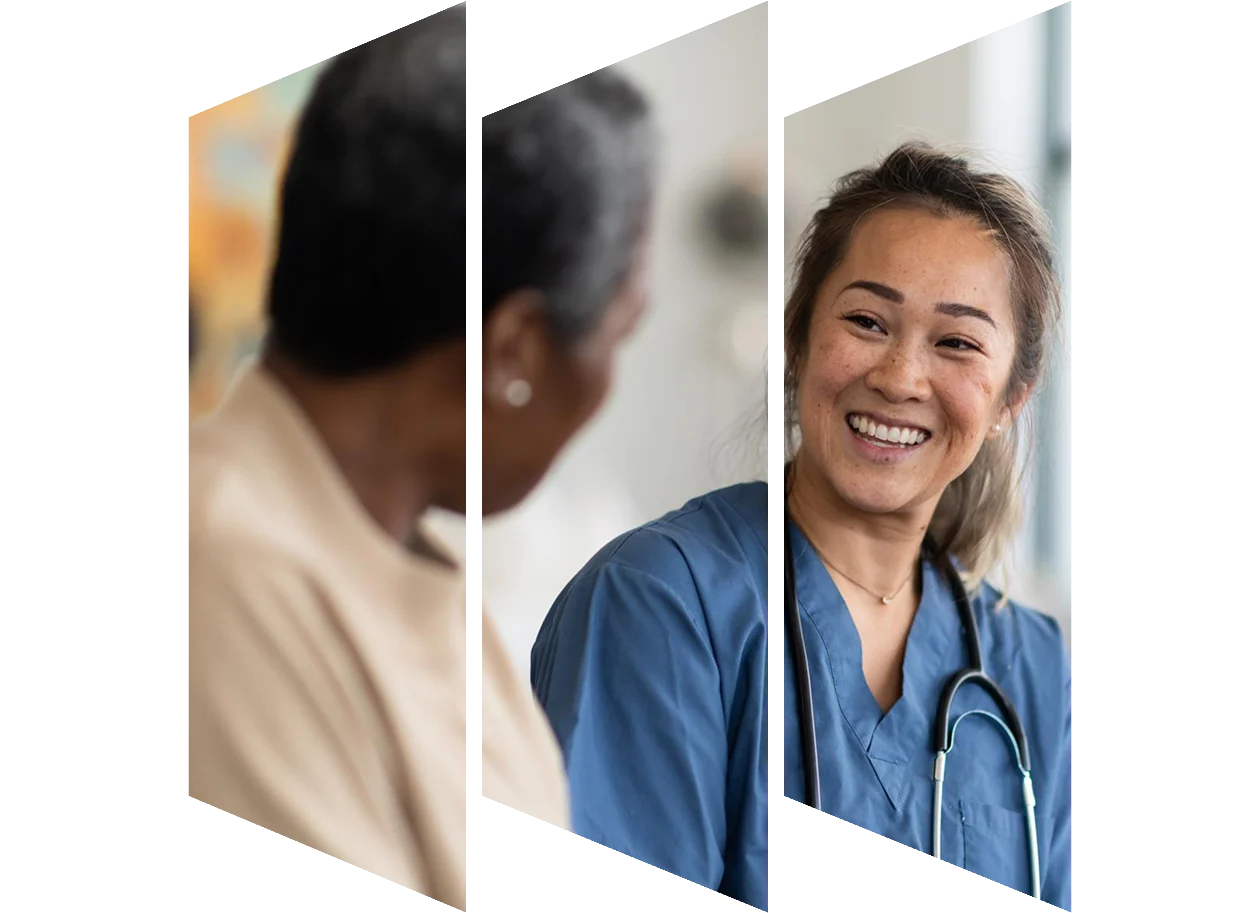 Male patient looking at female nurse. Female nurse is smiling
