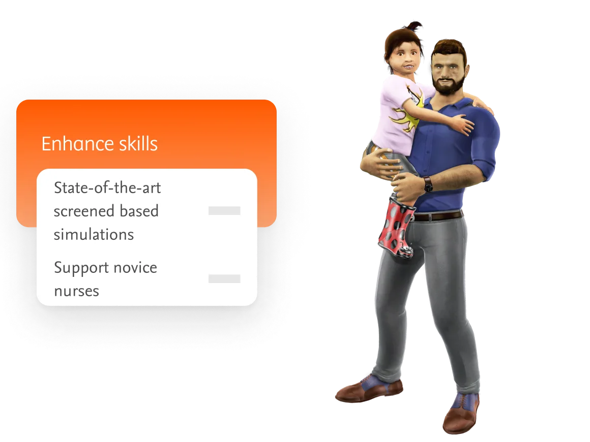 Illustration of a man holding his daughter with a UI illustration of Shadow Health features