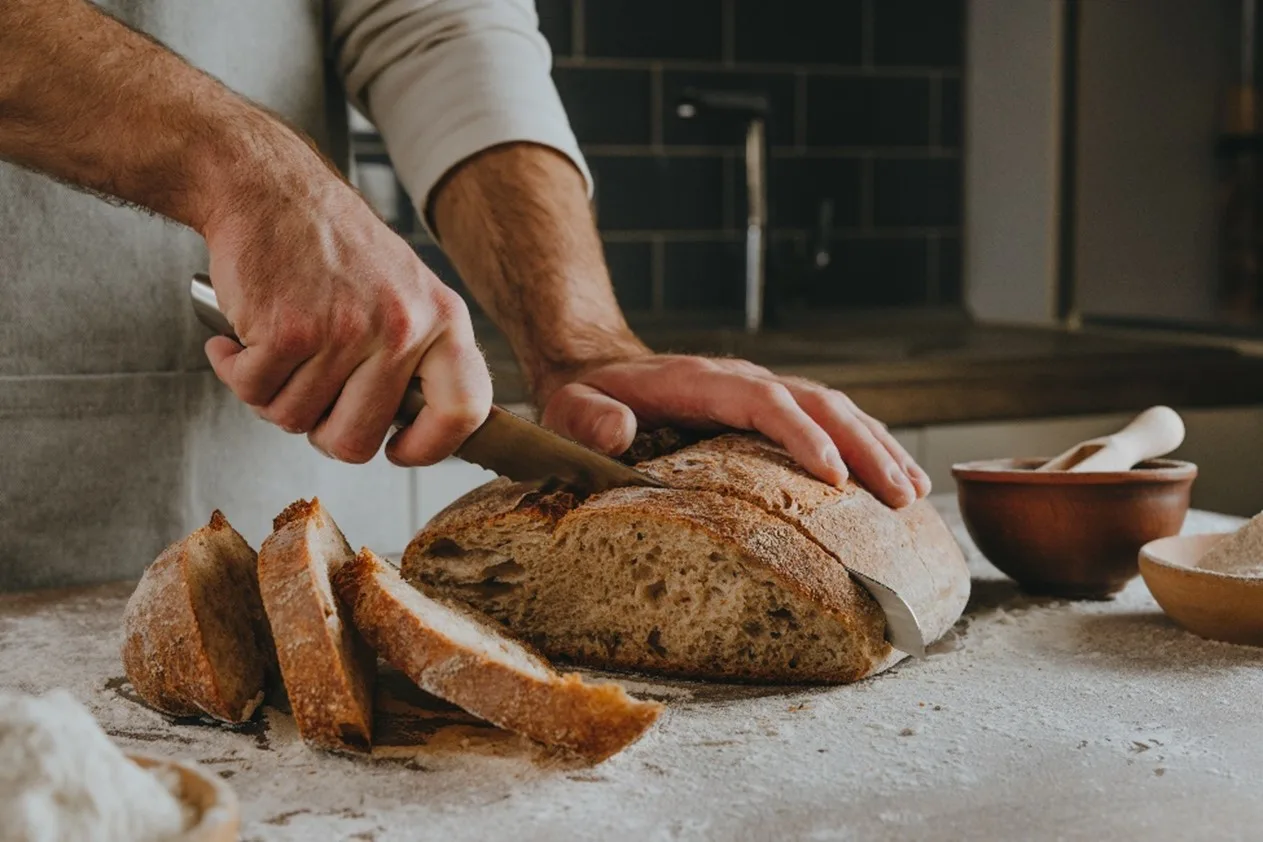 Man cutting a loaf of bread