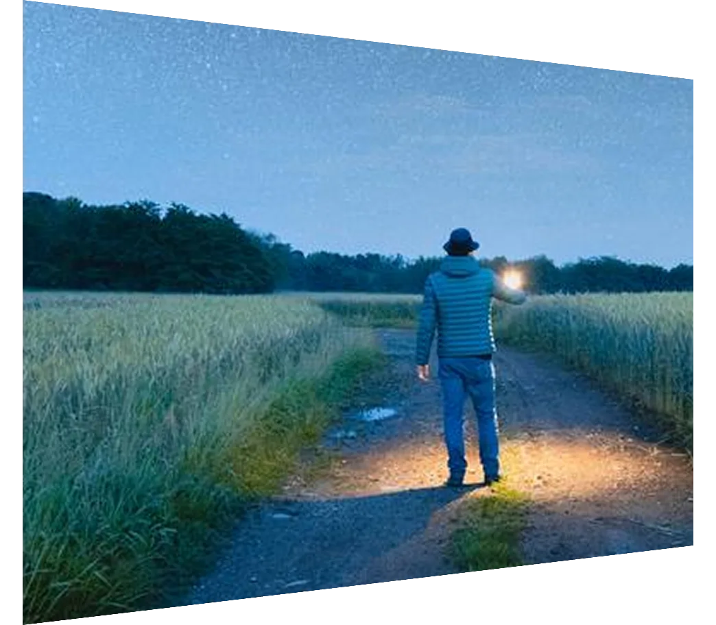 Man walking with a lantern in a pathway among wheat fields at night