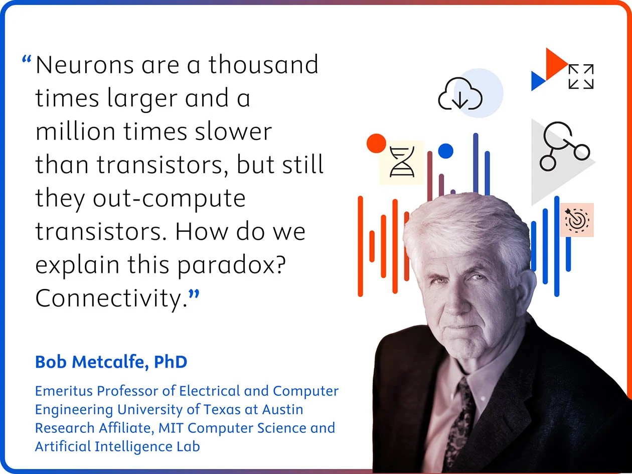 Bob Metcalfe quote card: "Neurons are a thousand times larger and a million times slower than transistors, but still they out-computer transistors. How do we explain this paradox? Connectivity."