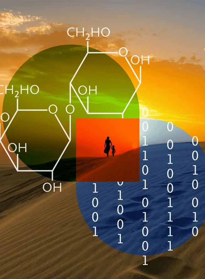 A mother and son walking through sand dunes with a venn diagram design