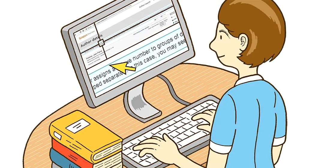 An illustration depicting a female librarian standing at a computer terminal typing on a keyboard and using screen magnification to access Scopus research database. 