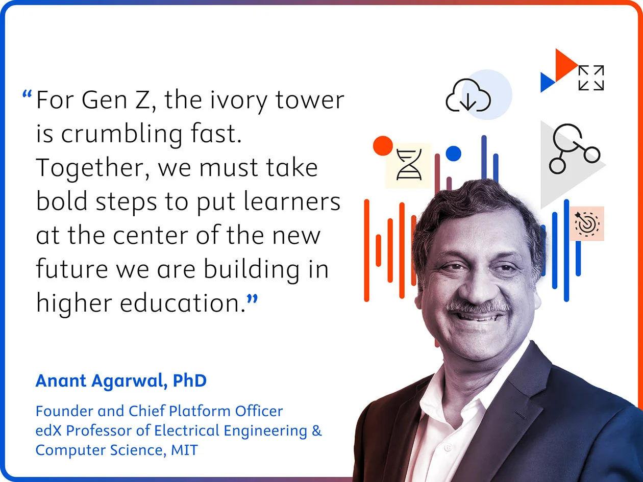 Quote card with Anant Agarwal, Founder of edX: "For Gen Z, the ivory tower is crumbling fast. Together, we just take bold steps to put learners at the center of the new future we are building in higher education"