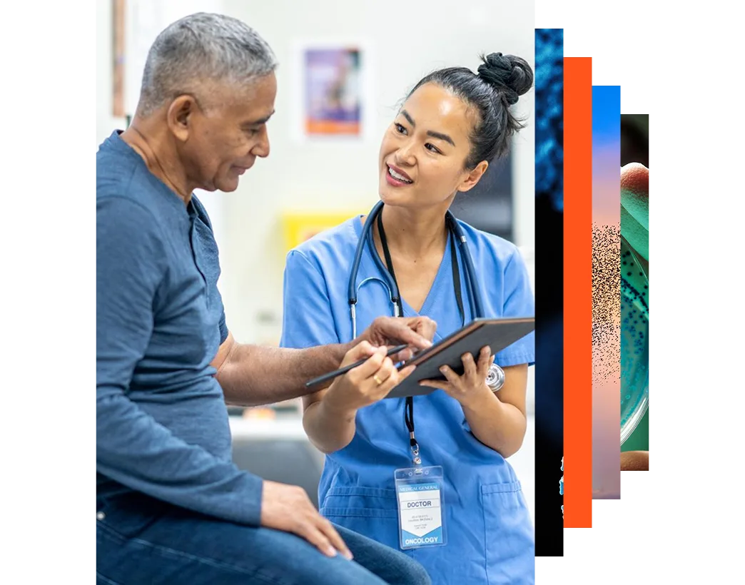 Female nurse reviews patient education content on tablet with senior male patient.