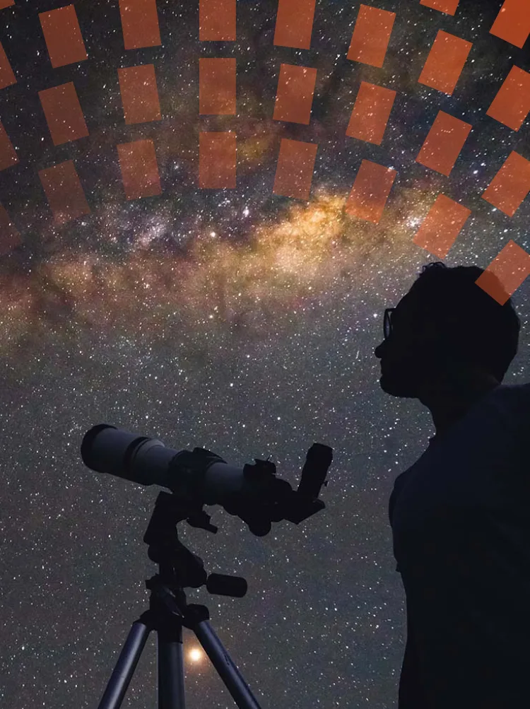 Man with telescope looking at stars and galaxy