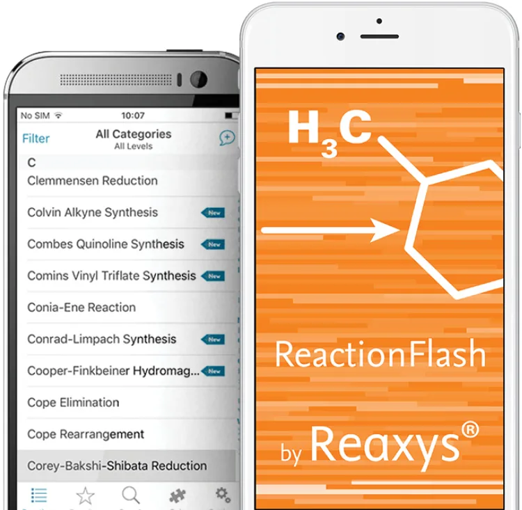 Captura de tela do aplicativo ReactionFlash por Reaxys
