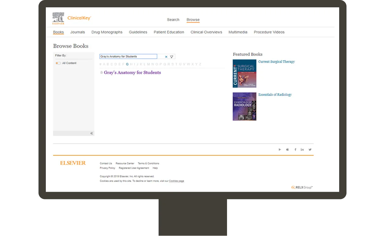 Screenshot showing 'Filter List by Title’ feature in ClinicalKey