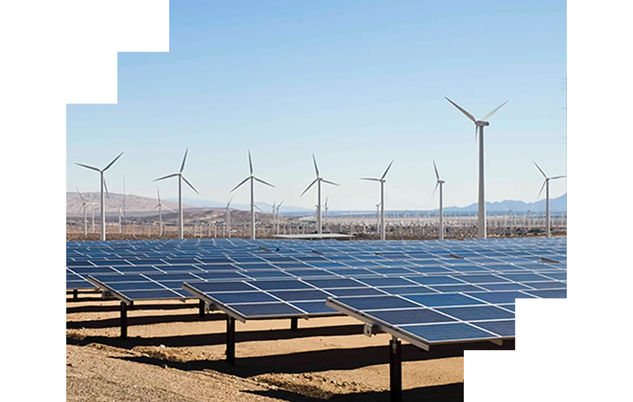 Solar panels and windmills in the desert