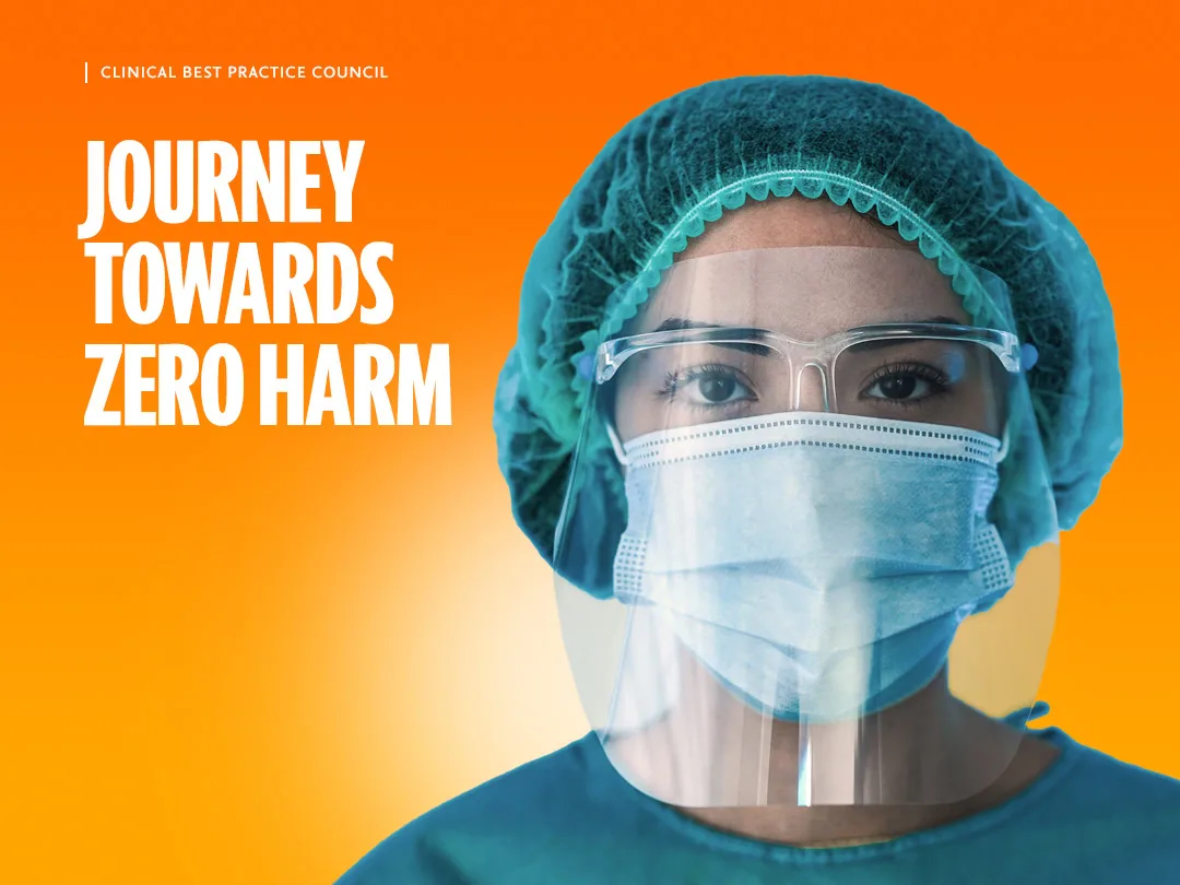 Clinician with mask with title Journey Towards Zero Harm