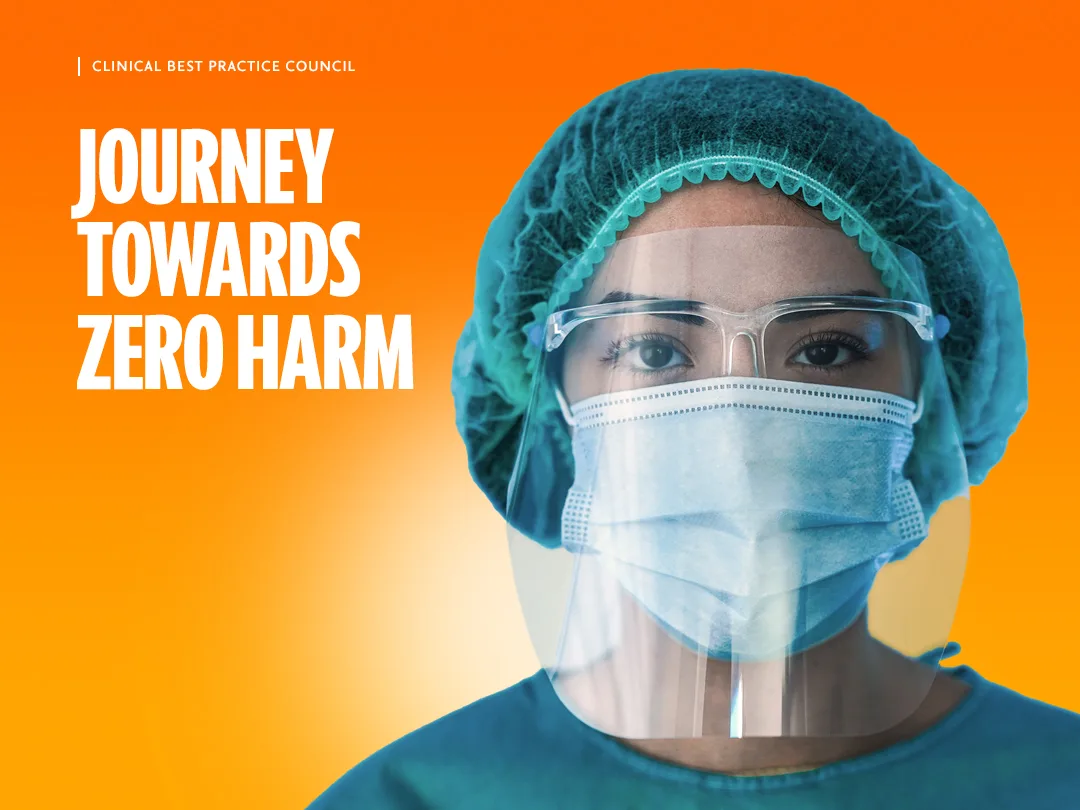 Clinician with mask with title Journey Towards Zero Harm