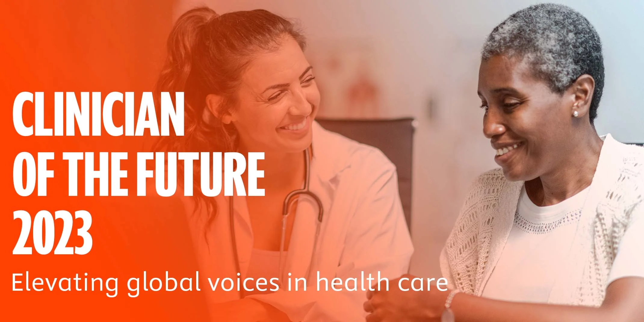 Clinician of the Future 2023 banner - Female clinician smiling at female patient
