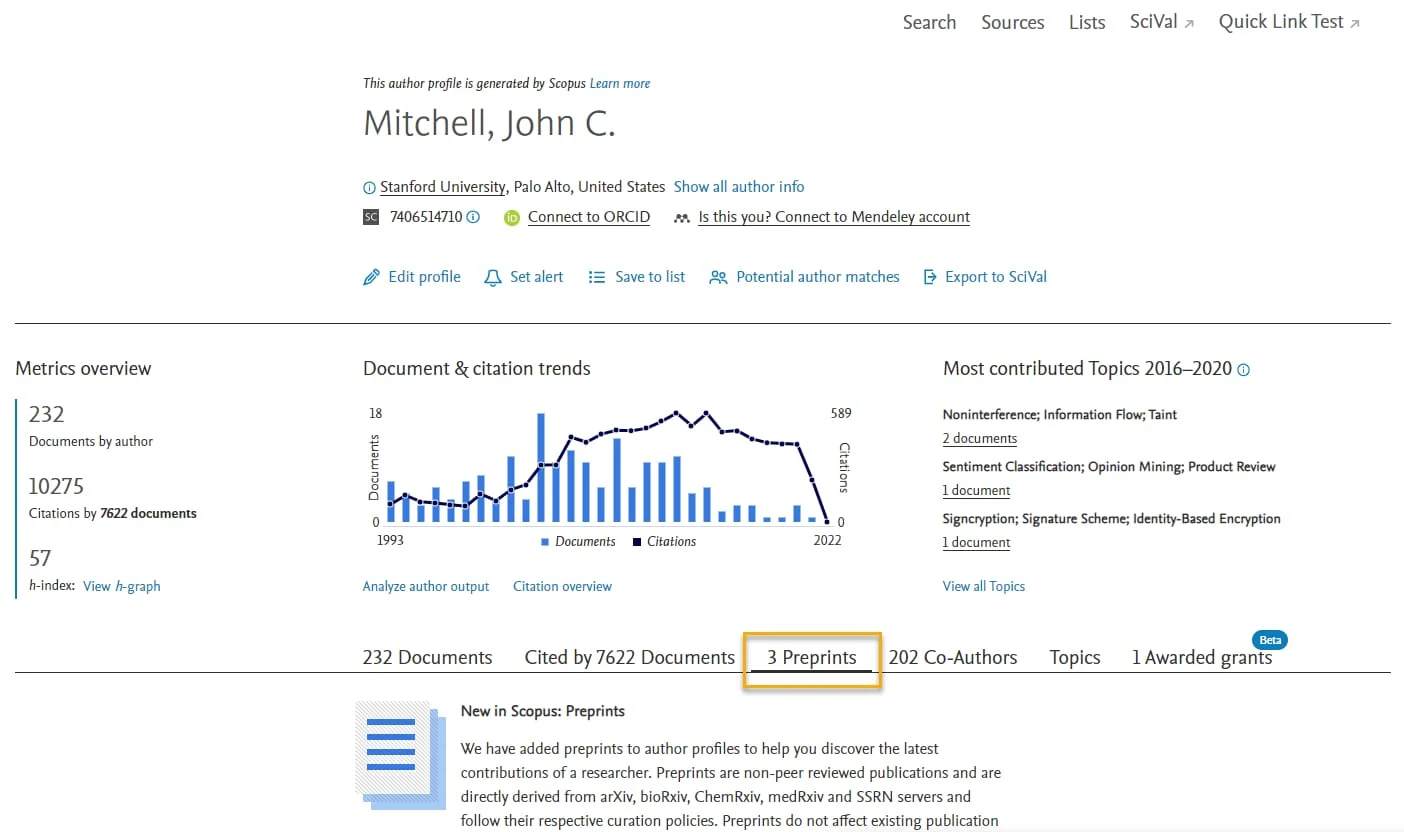 Example of a Scopus Author Profile highlighting Preprints