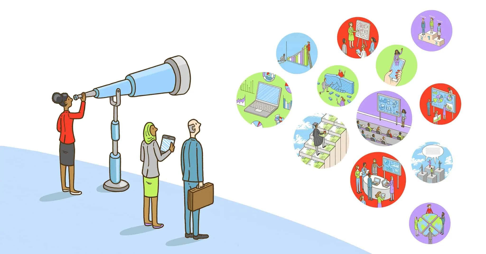 This is an Editorial Illustration, with white background color. In the left side of the image stand three researchers all looking at different research scenarios (conduct research, teaching, conference, networking etc)..