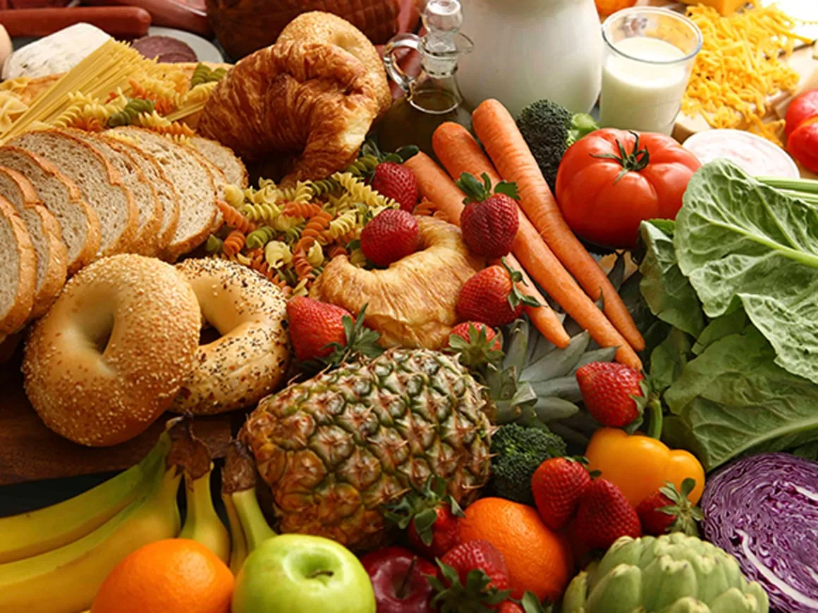 table of fresh fruits and vegtables