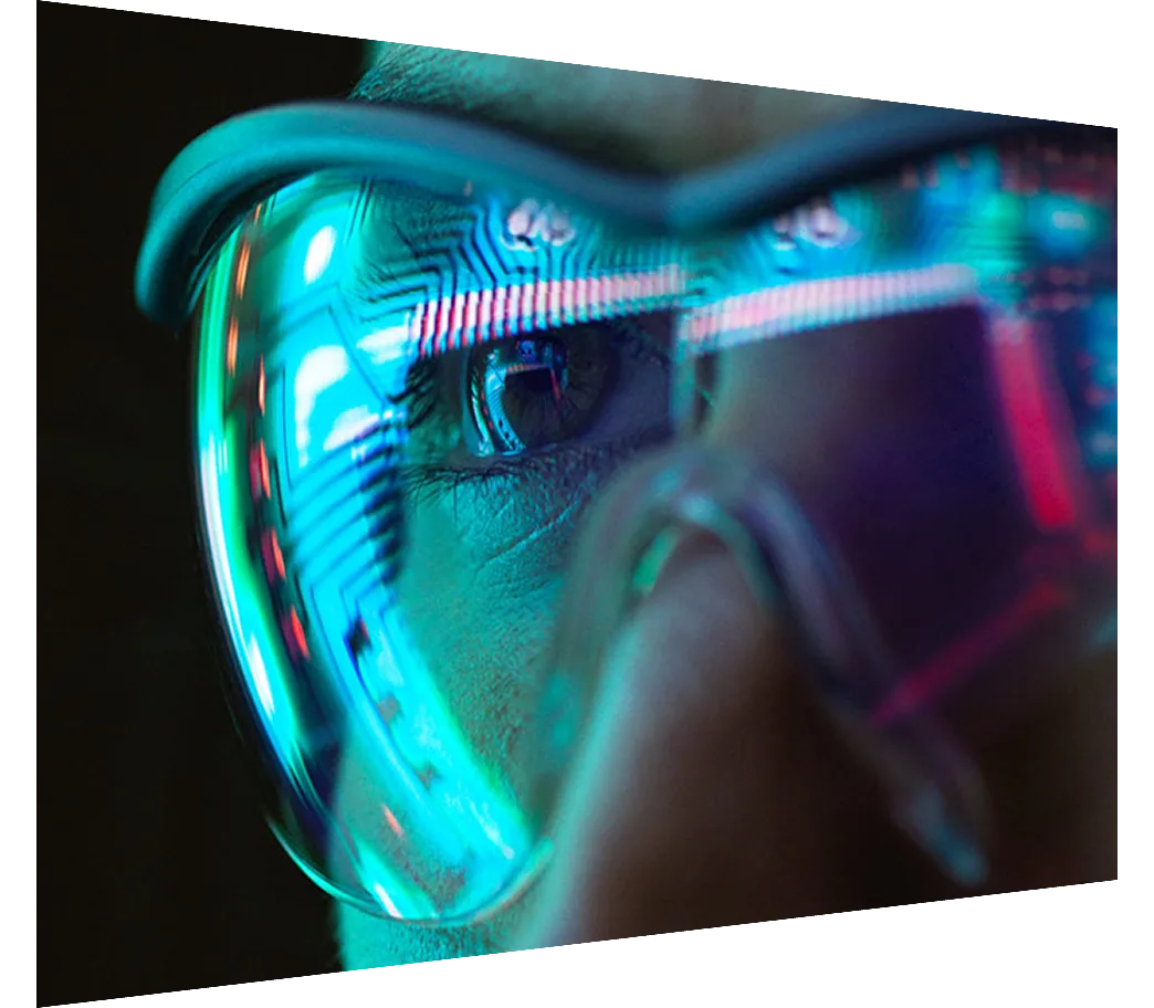 Reflection of circuit boards on a pair of glasses