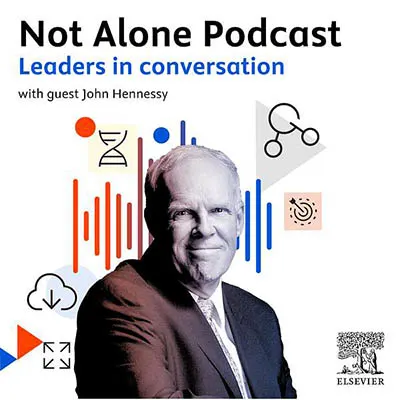 Tile for the inaugural Not Alone podcast episode featuring John Hennessy, Chairman of Alphabet.