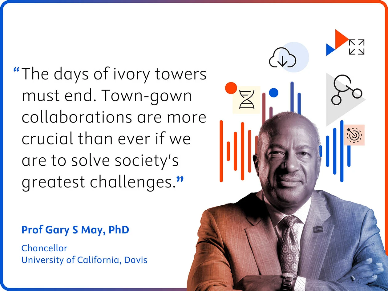 Quote by UC Davis Chancellor Gary S May: "The days of ivory towers must end. Town-gown collaborations are more crucial than ever if we are to solve society's greatest challenges."