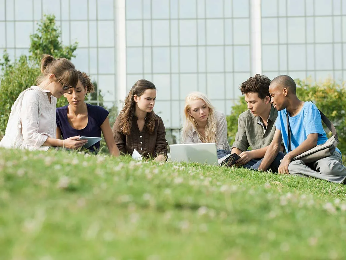 University students studying on grass