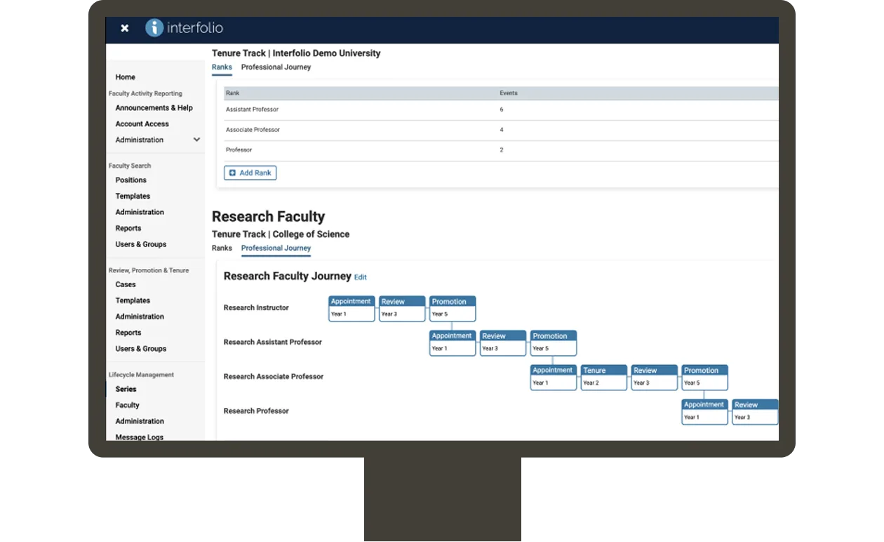 Screenshot showing Interfolio research faculty journies