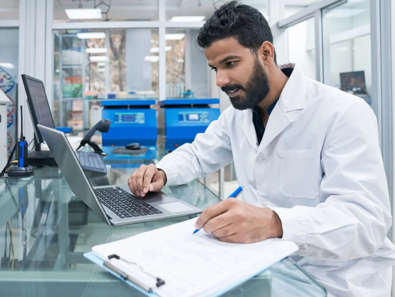 Young male biochemist using laptop while writing on clipboard at laboratory