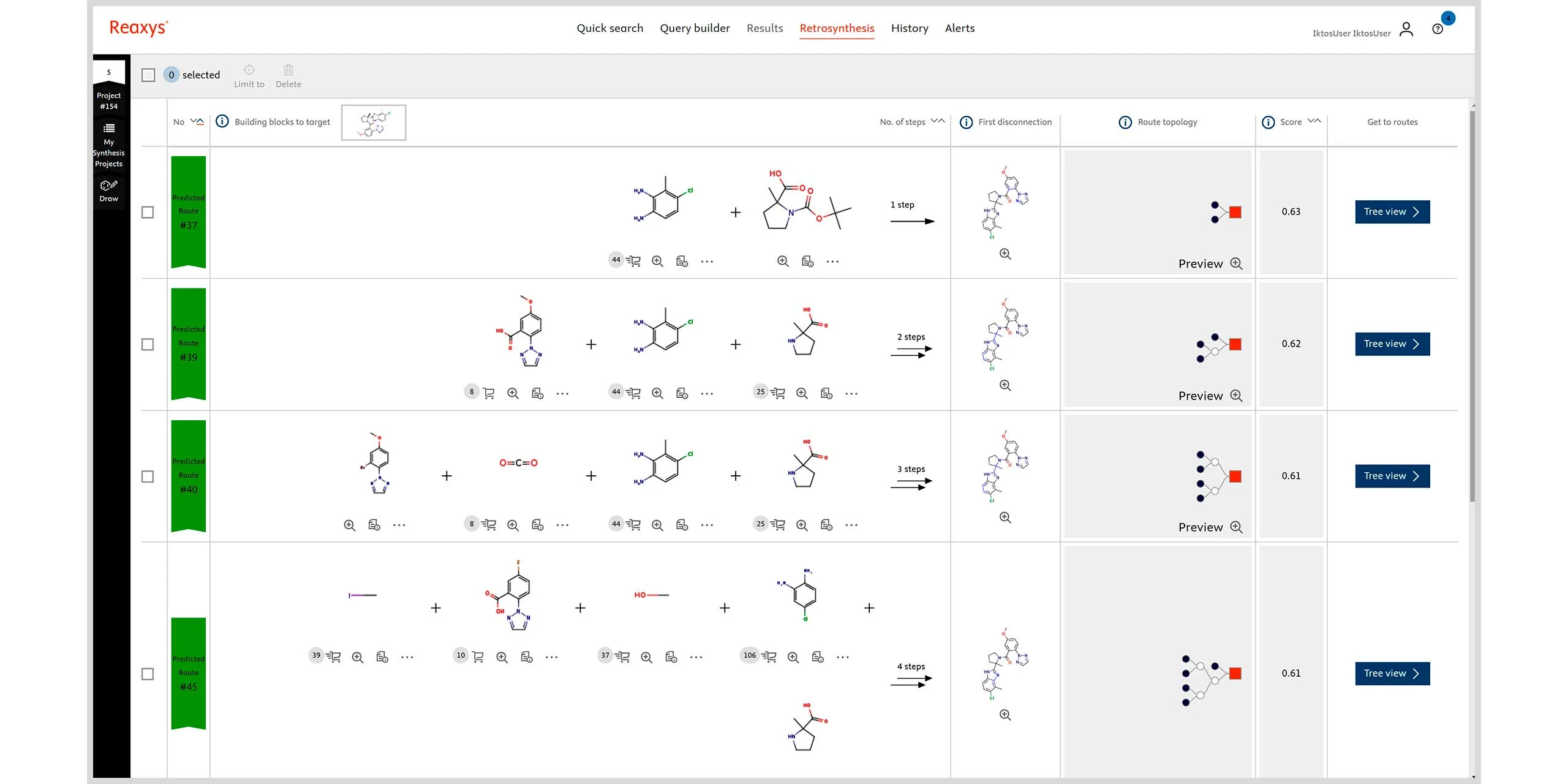 분자에 대한 다양한 경로를 나타내고 있는 Reaxys 내 Retrosynthesis 섹션 스크린샷