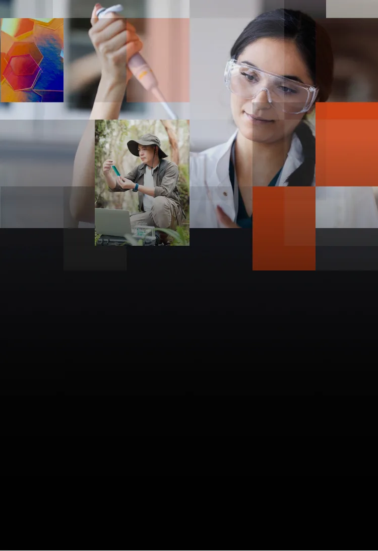 Collage of images with female researcher in lab