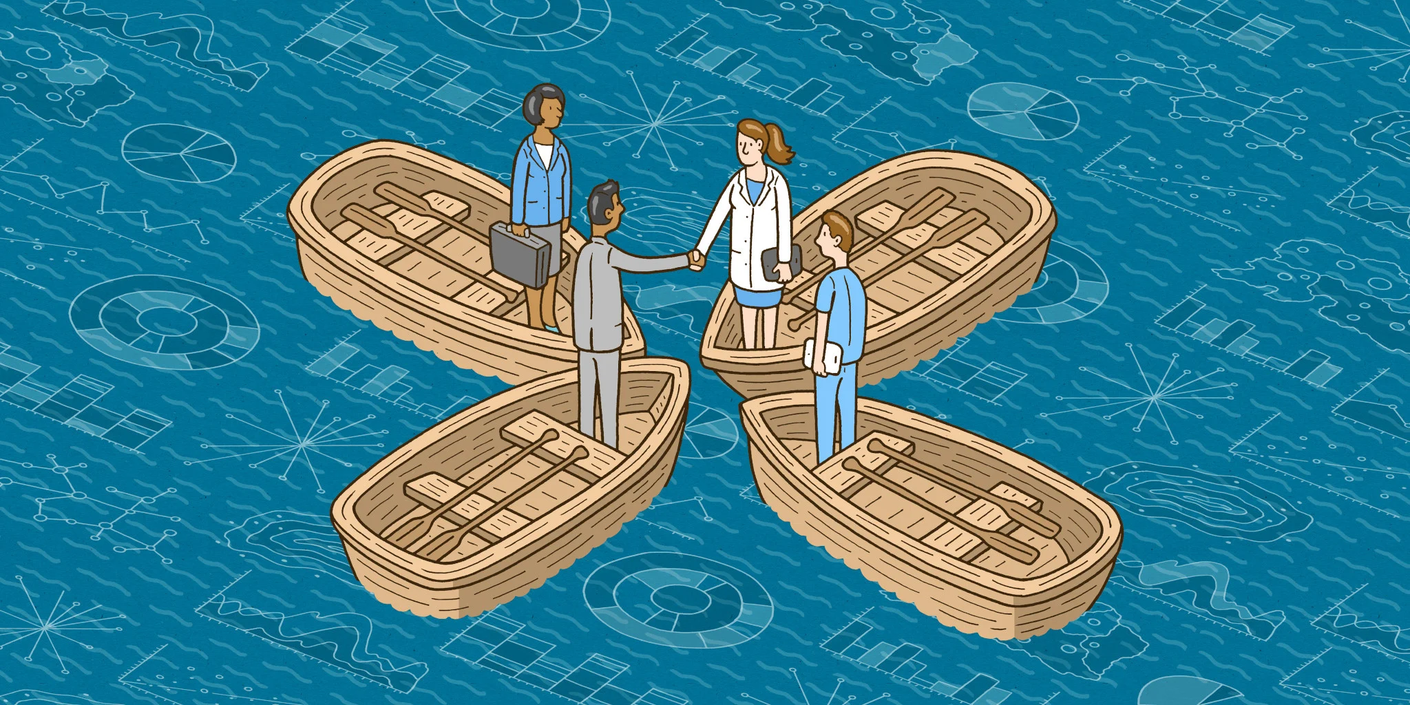 This is an editorial illustration with dark blue background. Four small brown boats meet in the middle of the image. On top of the boats are four researchers. Two researchers shake their hands which symbolizes research collaboration. 