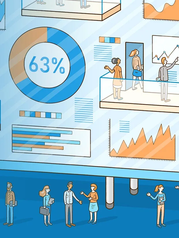 Illustrated people reviewing analytics
