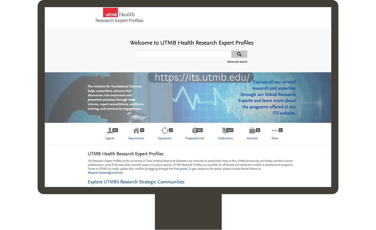 Screenshot of research portal for University of Texas Medical Branch, USA