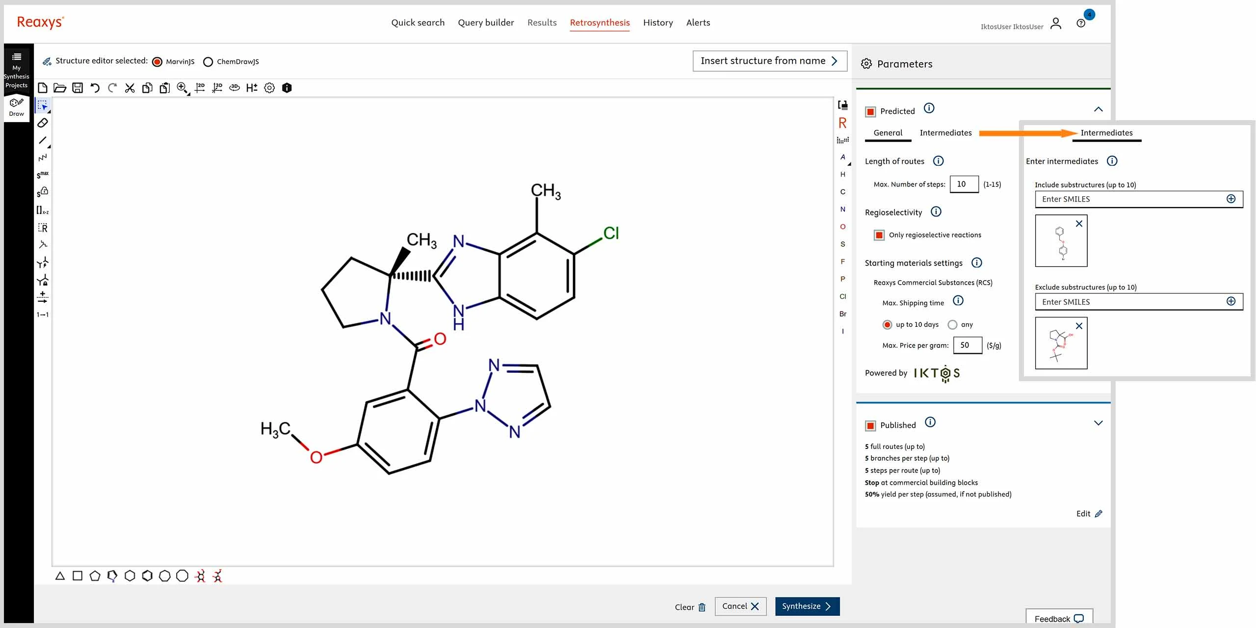 Reaxys Retrosynthesis input screen where structural formula and parameters are entered