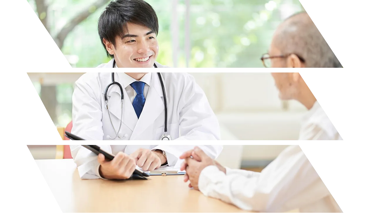 Female doctor in white scrubs in conversation