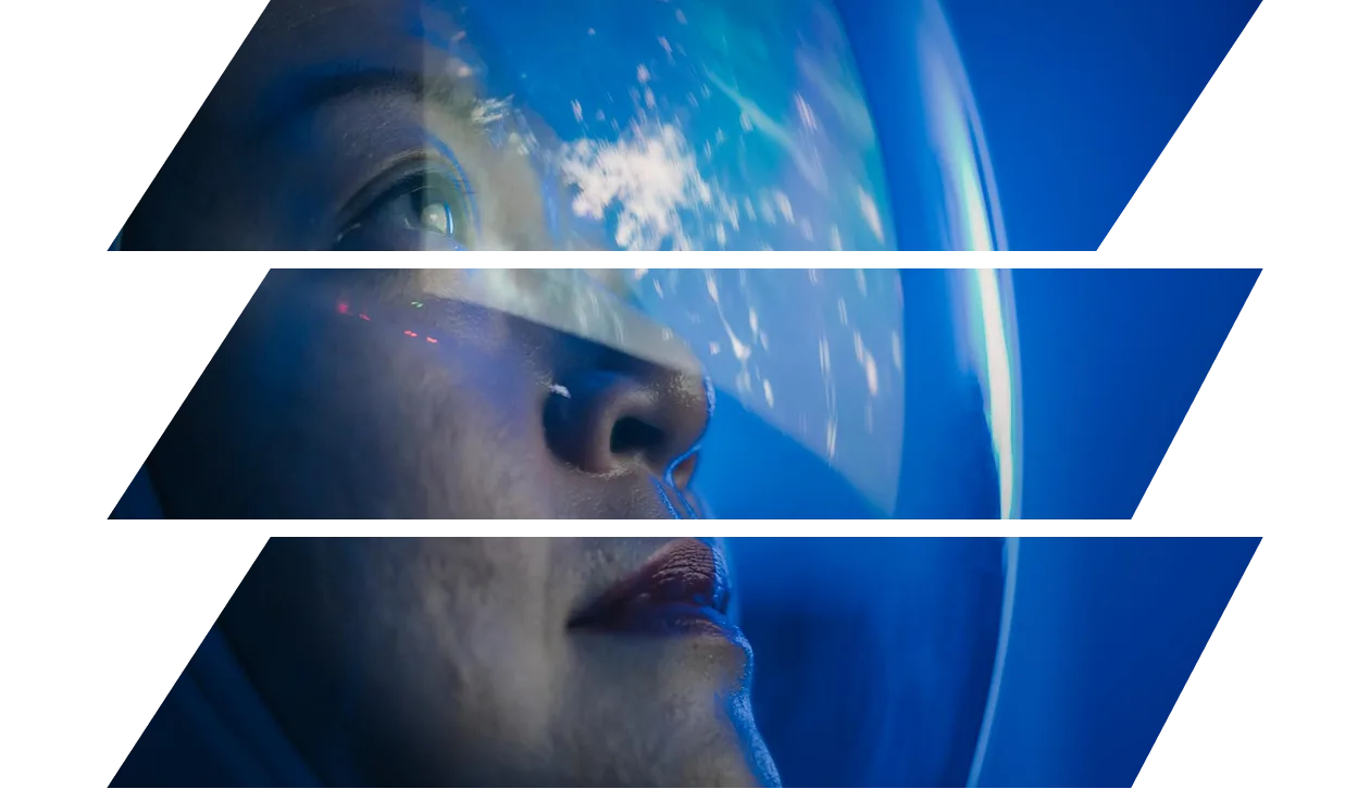 An Asian female astronaut looking at earth through a window from a spaceship