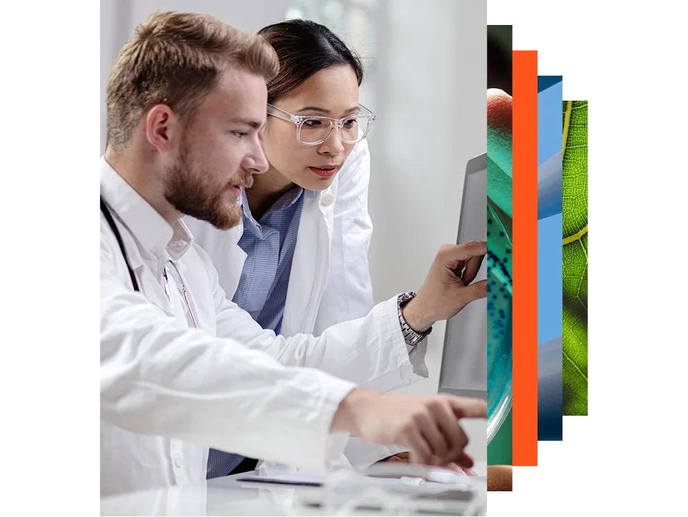 Women in white lab coats looking at computer screen