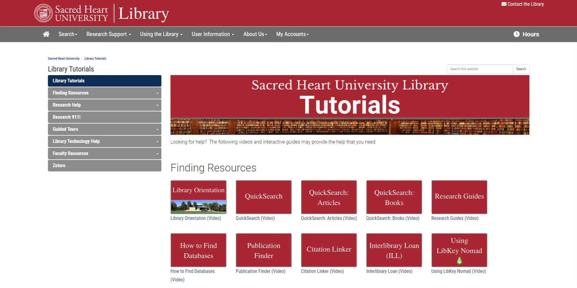 Screenshoit of the Tutorials page of the Sacred Heart University Library  website
