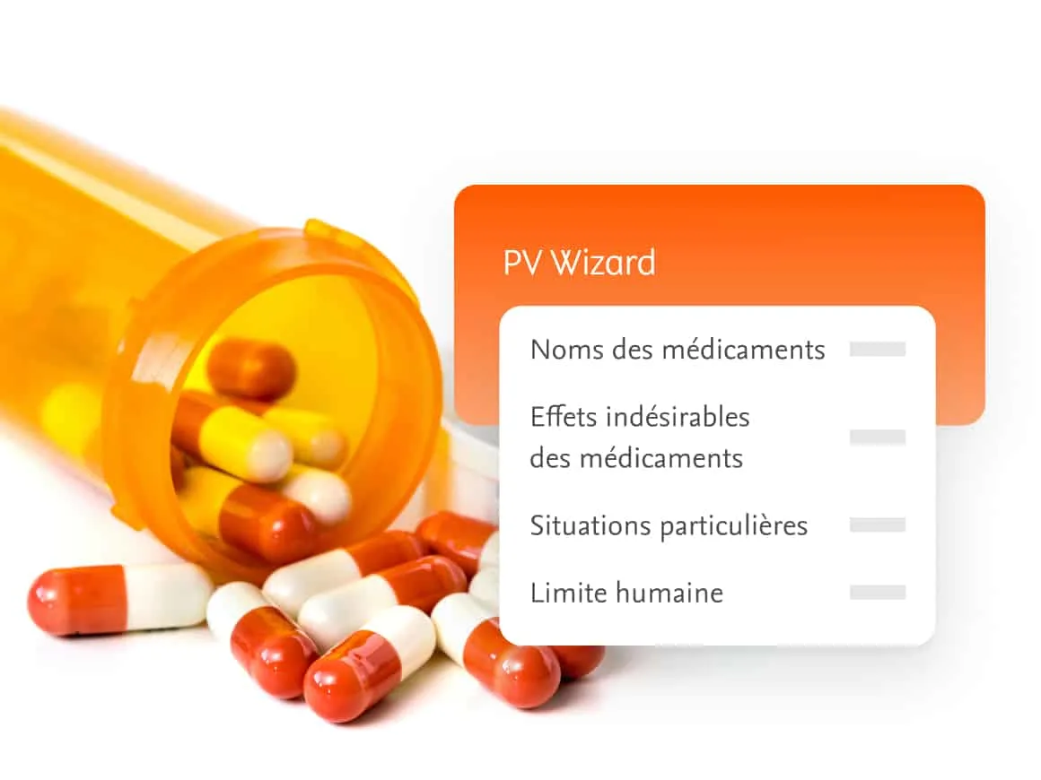 Pills spilling out of bottle with overlay of Embase PV Wizard features